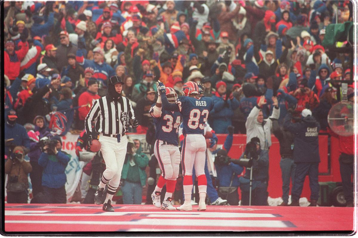 FILE - In this Sunday, Jan. 23, 1994, file photo, Buffalo Bills quarterback  Jim Kelly reacts to the Bills' last touchdown in the fourth quarter during  the AFC Championship game at Rich