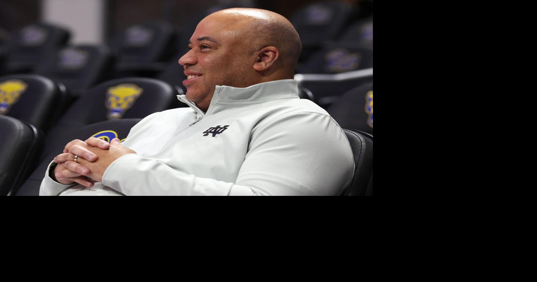 Feb 21, 2026; Pittsburgh, Pennsylvania, USA; Notre Dame Fighting Irish head coach Micah Shrewsberry looks on as his team warms up before the game against the Pittsburgh Panthers at the Petersen Events Center. Mandatory Credit: Charles LeClaire-Imagn Images