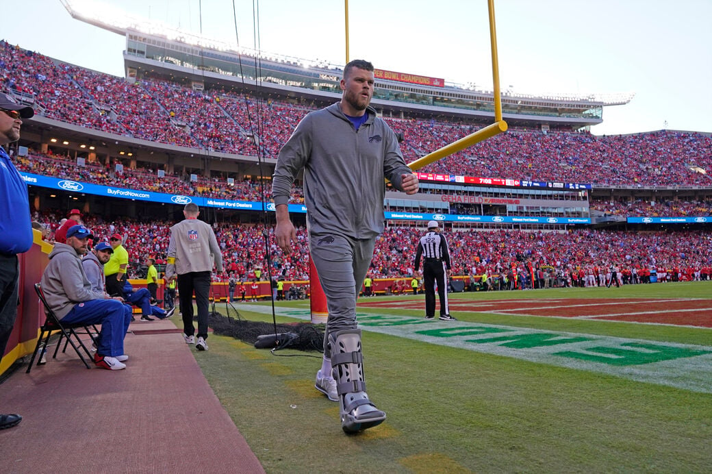 Buffalo Bills tackle Spencer Brown (79) walks on the field during