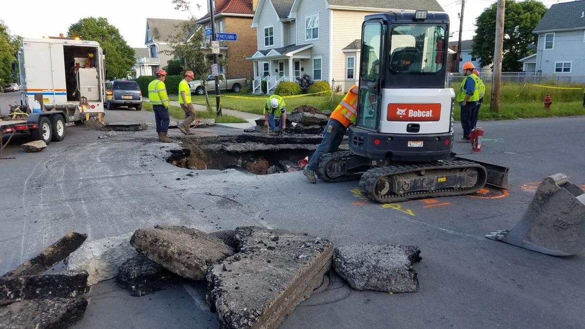 Water main break causes road collapse at Pennsylvania and Busti Local