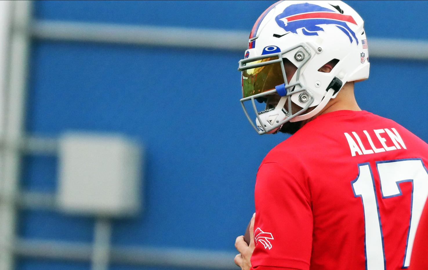 Why is Bills quarterback Josh Allen wearing a visor in practice?