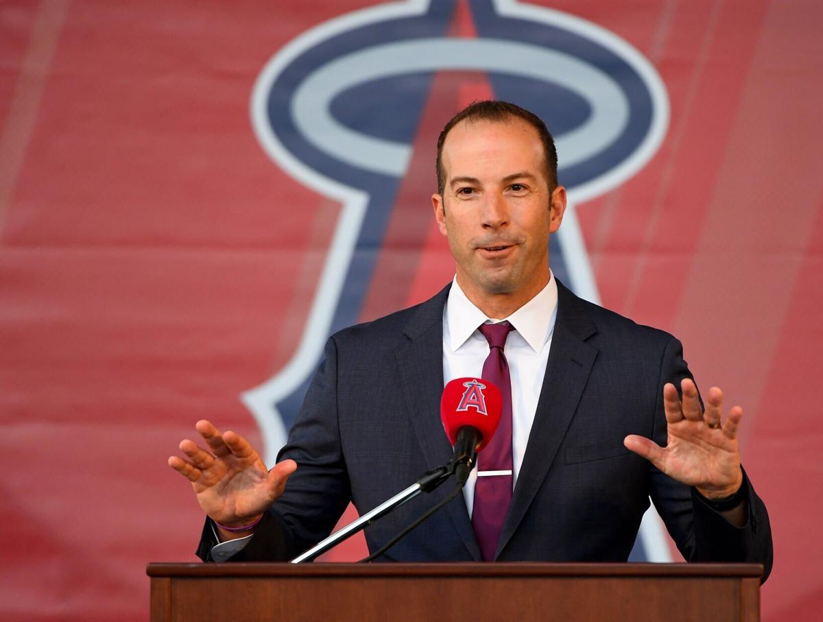 In this photo from December 14, 2019, Los Angeles Angels general manager Billy Eppler answers questions during a press conference to introduce Anthony Rendon at Angel Stadium of Anaheim in Anaheim, California.