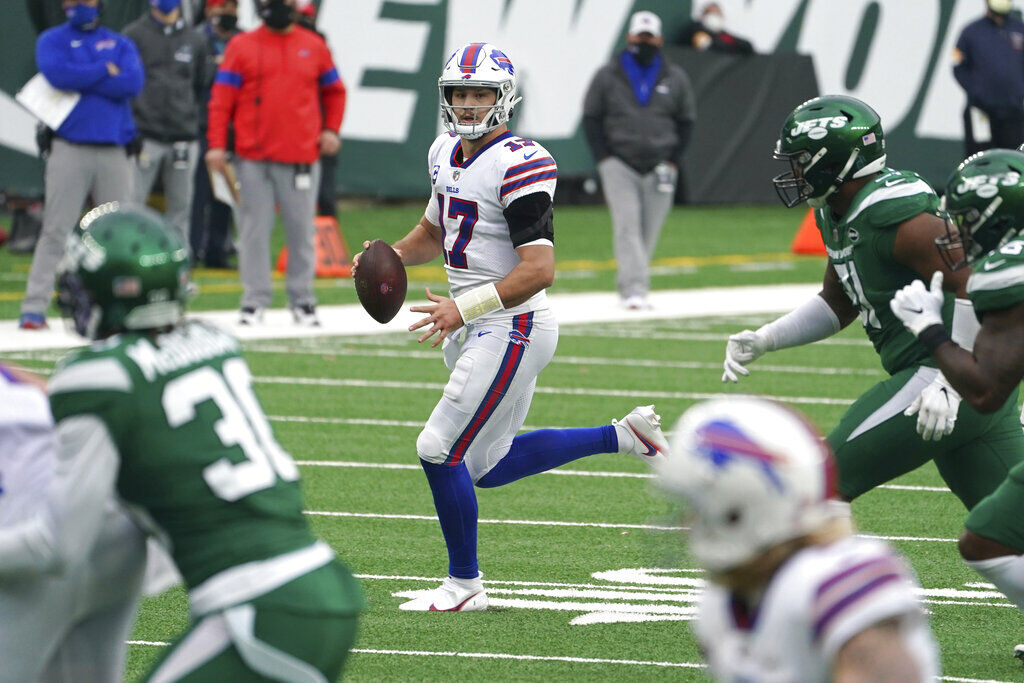 New York Jets' Blessuan Austin, bottom, breaks up a pass intended for  Buffalo Bills' Gabriel Davis, top, during the first half of an NFL football  game, Sunday, Oct. 25, 2020, in East