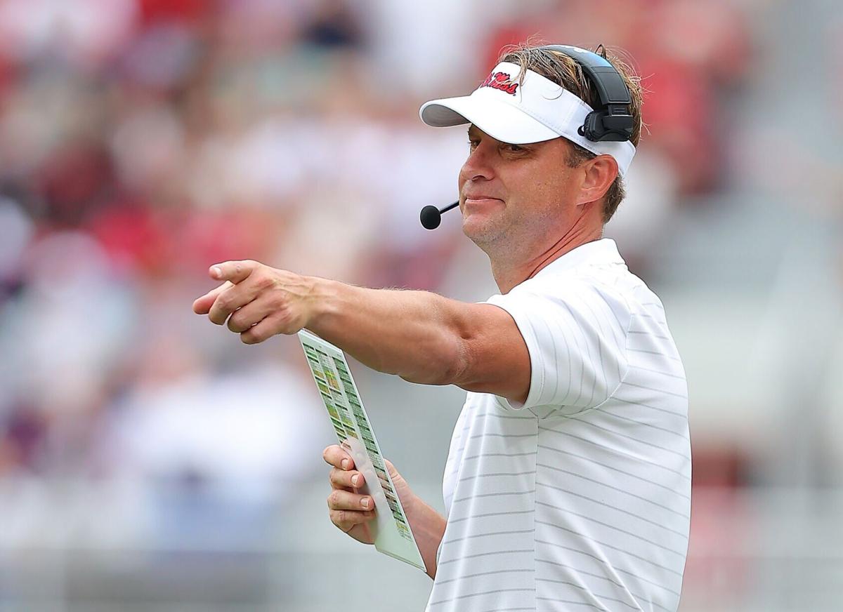 In this photo from October 02, 2021, head coach Lane Kiffin of the Mississippi Rebels reacts against the Alabama Crimson Tide during the first half at Bryant-Denny Stadium in Tuscaloosa, Alabama.