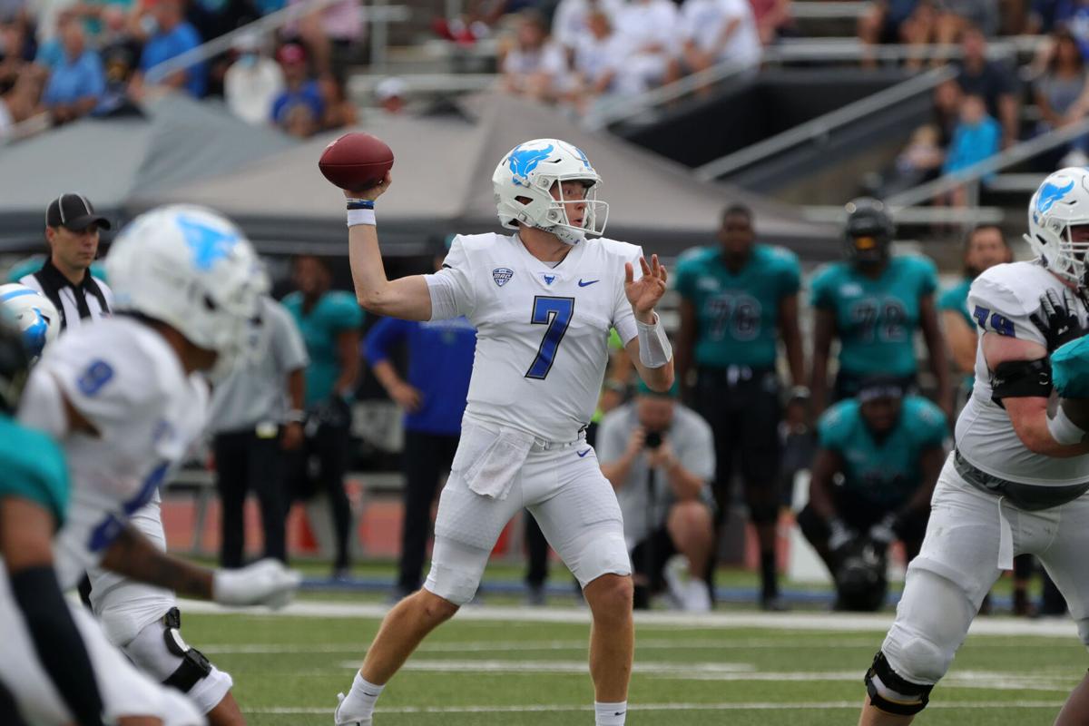 UB Bull's quarterback Kyle Vantrease (7) throws.