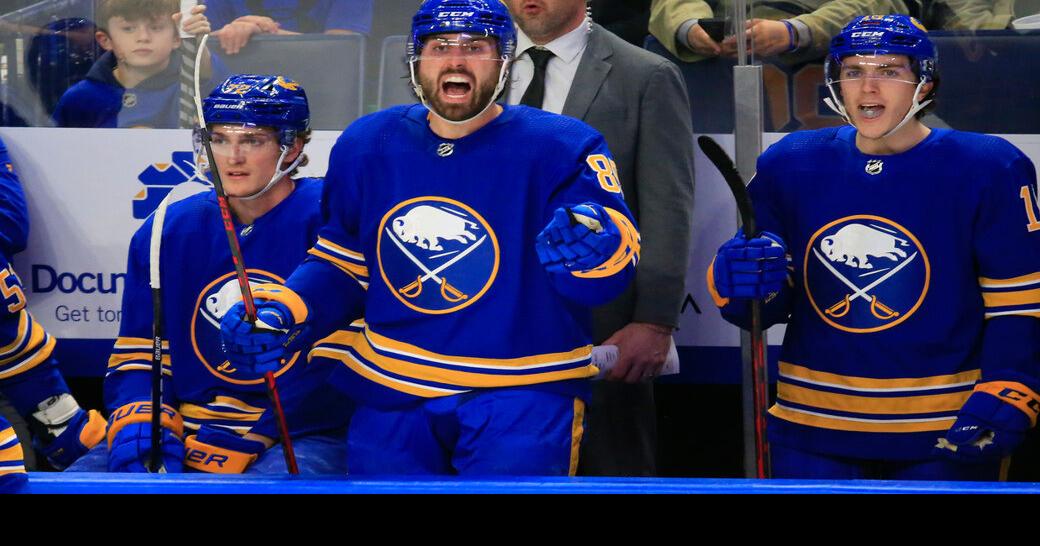 Buffalo Sabres right wing Alex Tuch celebrates a goal against the Vegas  Golden Knights during t …