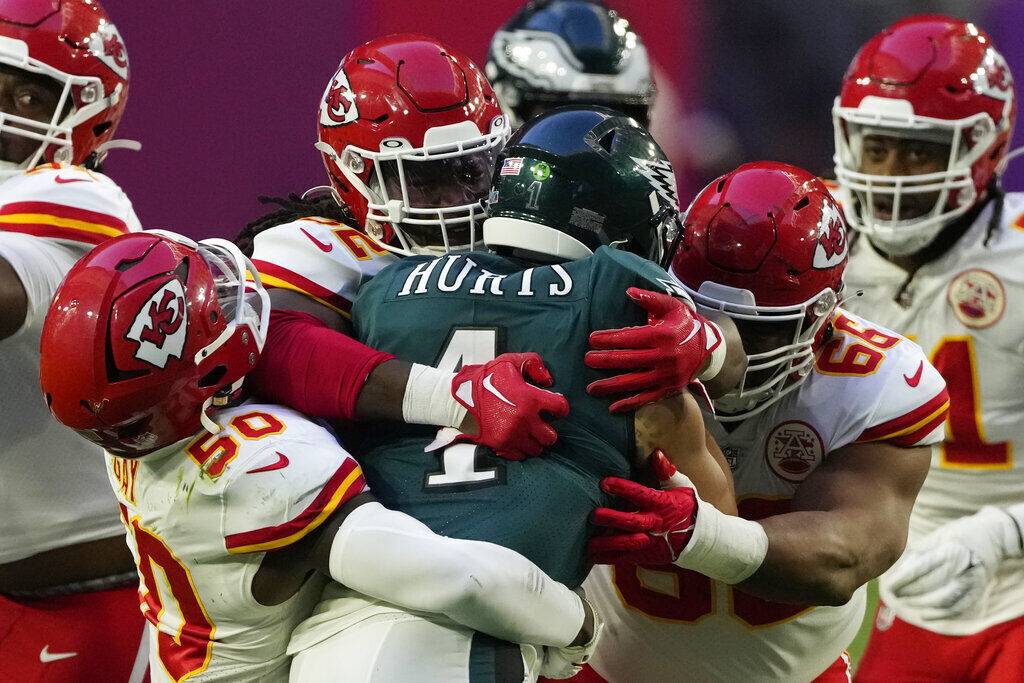 Kansas City Chiefs defensive tackle Chris Jones (95) in action against the  Philadelphia Eagles during the NFL Super Bowl 57 football game, Sunday,  Feb. 12, 2023, in Glendale, Ariz. The Kansas City