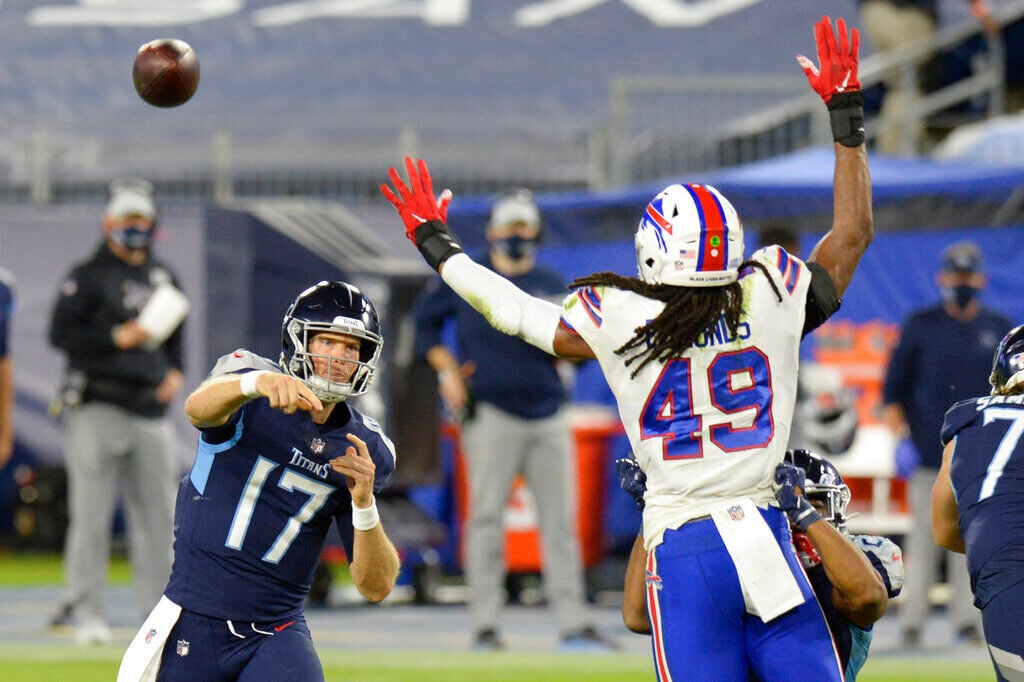 Bills Matt Milano chases Titans Ryan Tannehill from game with pick six