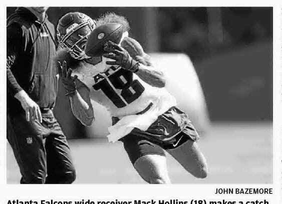 Atlanta Falcons wide receiver Mack Hollins (18) celebrates a catch