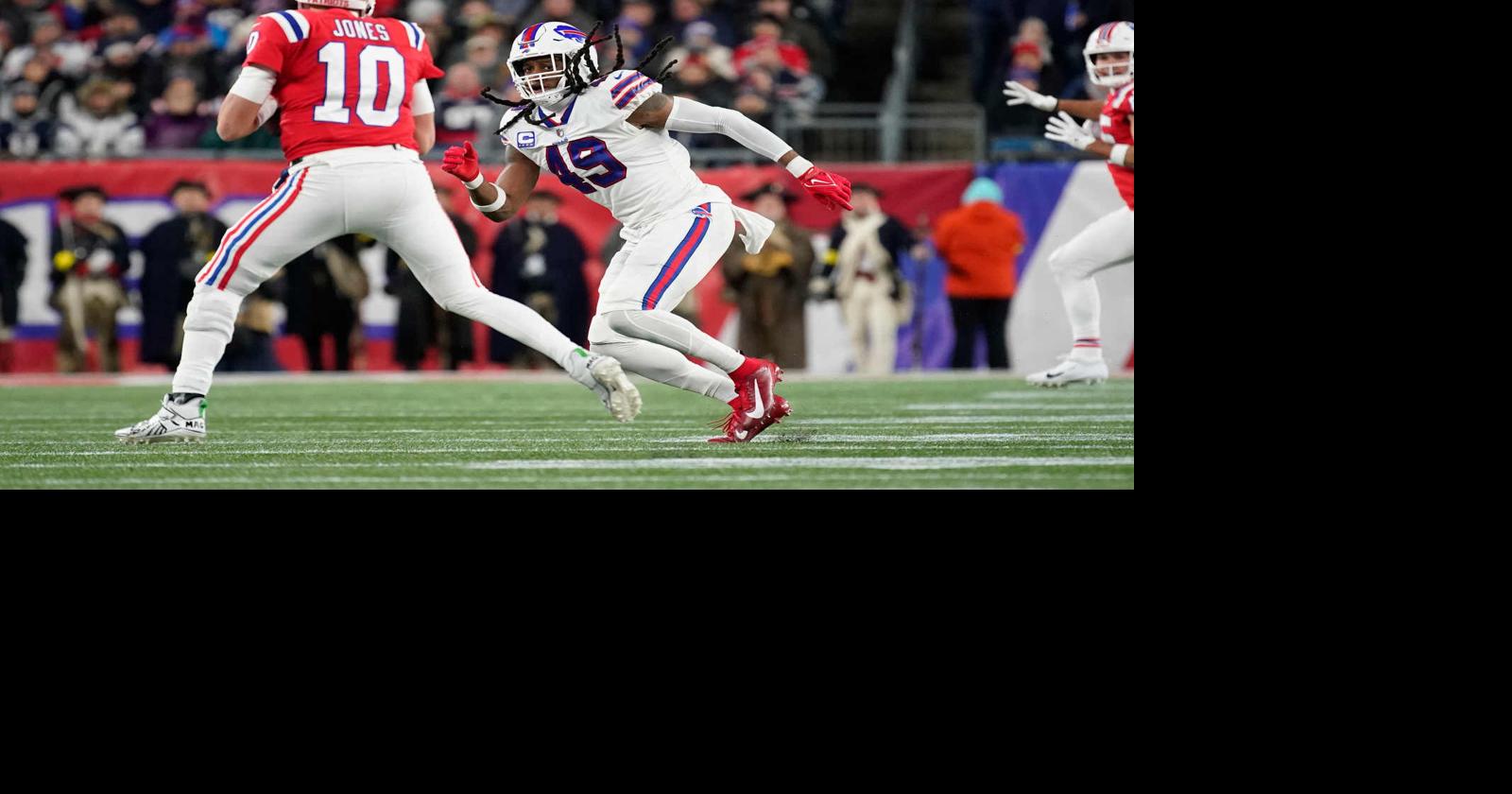 Buffalo Bills linebacker Tremaine Edmunds (49) drops back during the first  half of an NFL football game against the New England Patriots on Sunday,  Jan. 8, 2023, in Orchard Park, N.Y. (AP