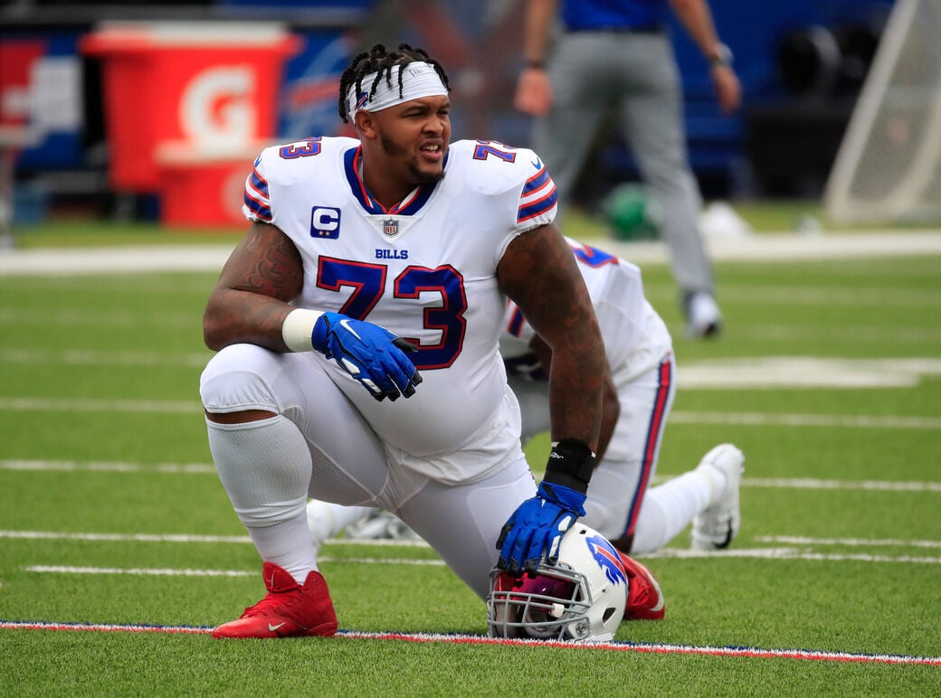 Buffalo Bills' Dion Dawkins lines-up during the first half of an