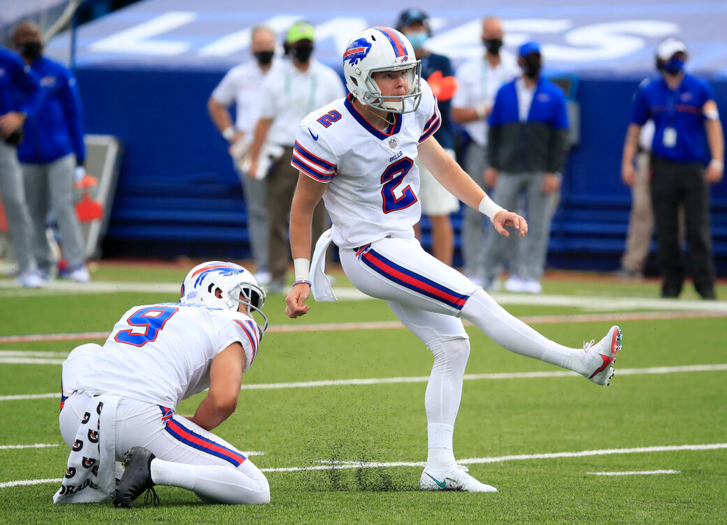 Buffalo Bills kicker Tyler Bass (2) warms up on the field before