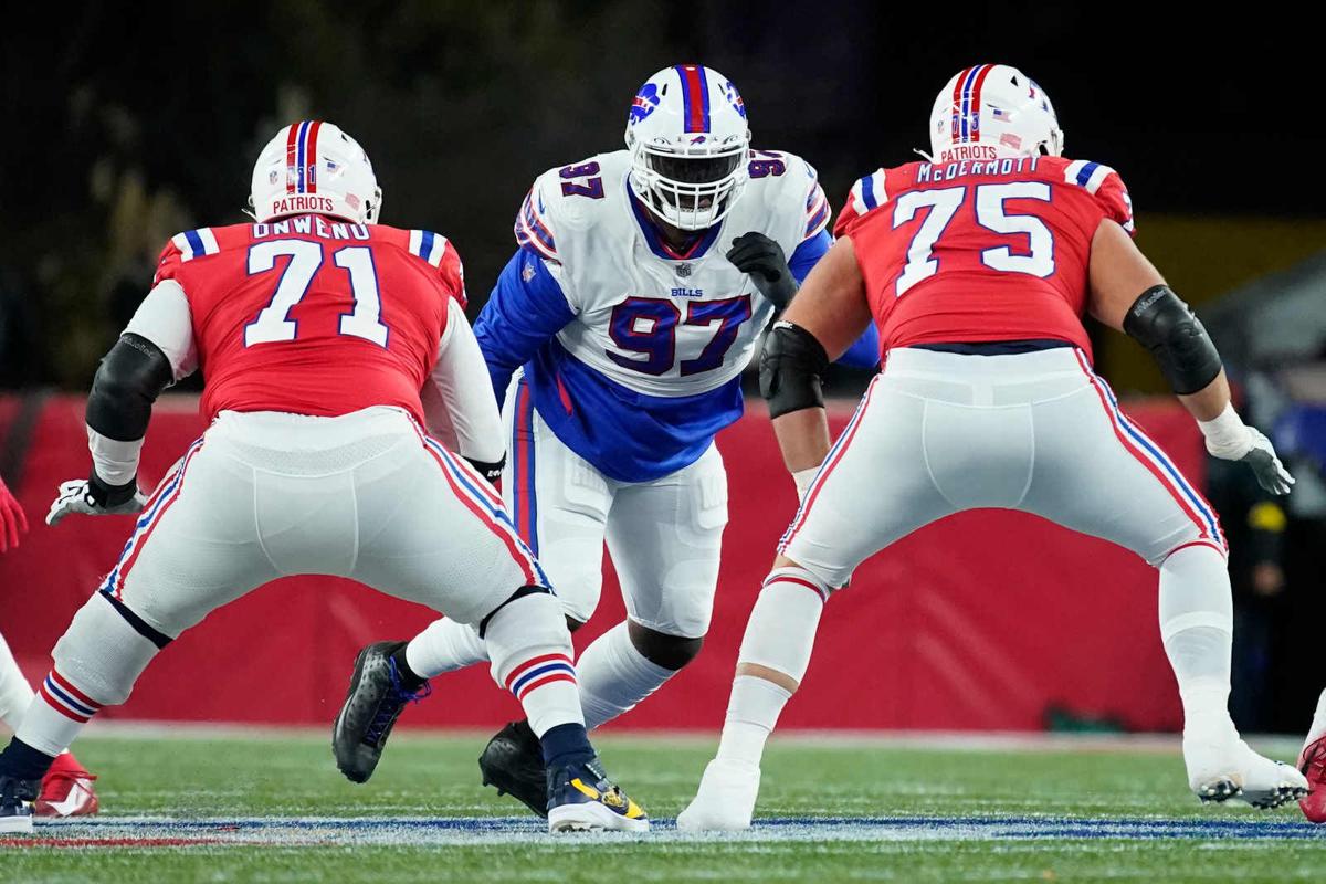 Buffalo Bills defensive tackle DaQuan Jones (92) walks off the field after  an NFL football game against the Kansas City Chiefs Sunday, Oct. 16, 2022,  in Kansas City, Mo. (AP Photo/Peter Aiken