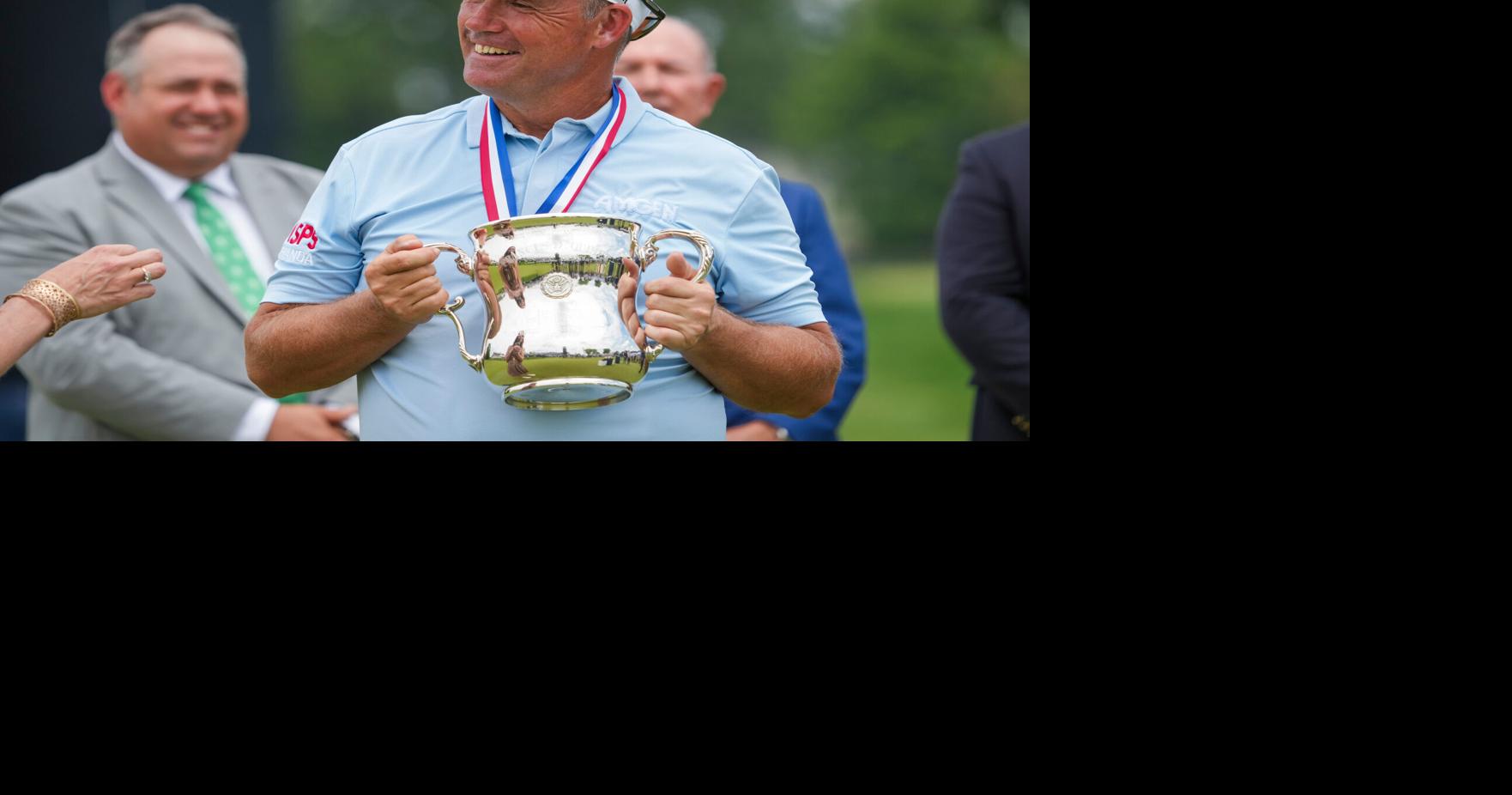Padraig Harrington holds the Francis D. Ouimet Memorial Trophy after winning the 2026 U.S. Senior Open at Scioto Country Club.