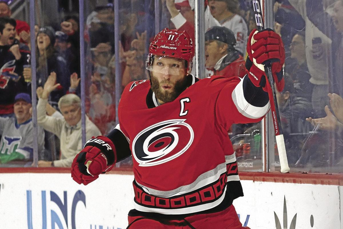 Michael Bunting of the Carolina Hurricanes celebrates after