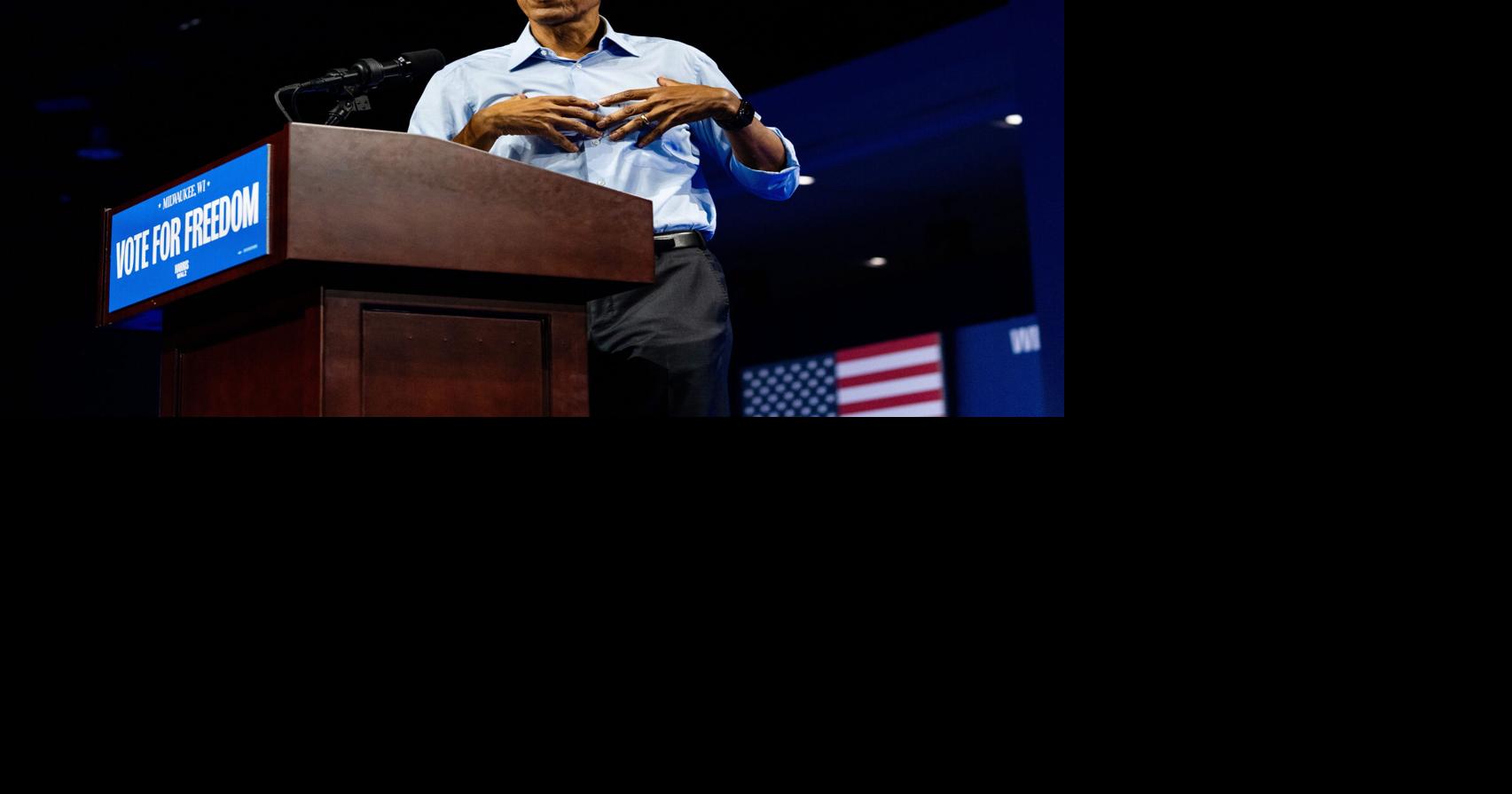 Former President Barack Obama delivers remarks as he rallies for Vice President Kamala Harris and Governor Tim Walz on Sunday November 3, 2024 at the Baird Center in Milwaukee, Wis.