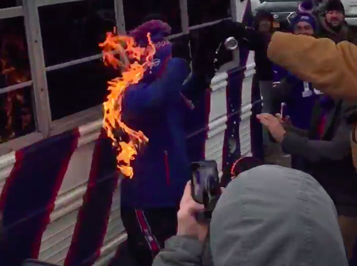 WATCH: Buffalo Bills fan fails at table smash, catches on fire