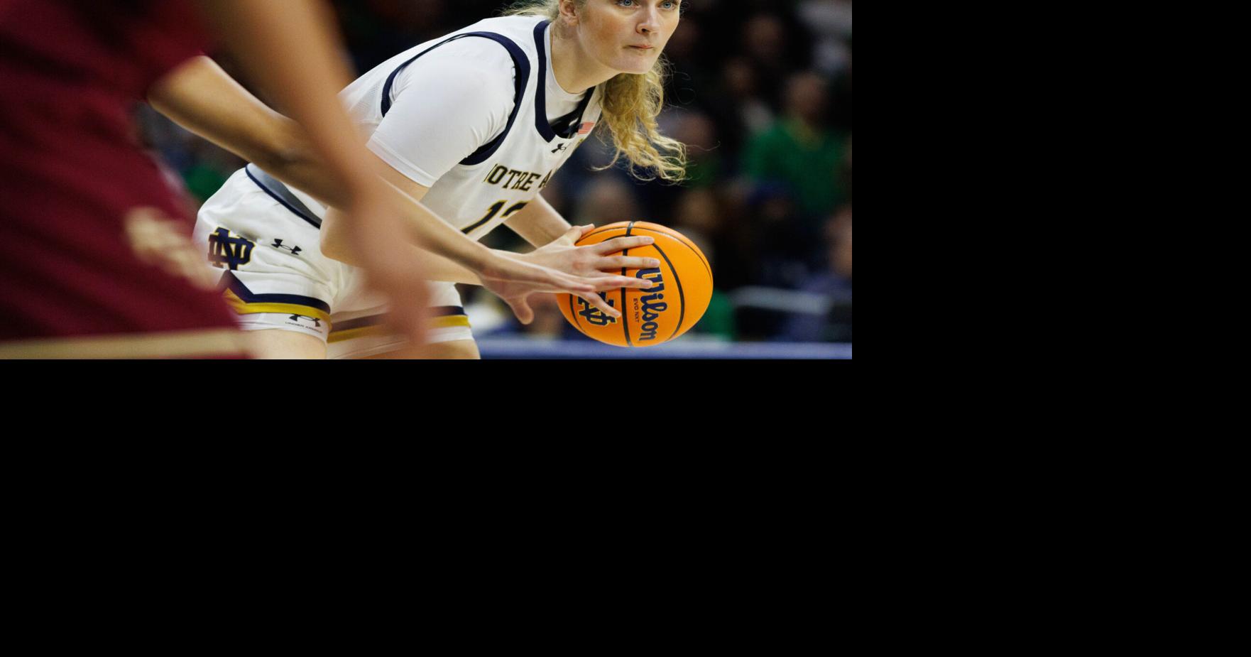 Notre Dame forward Kate Koval looks for an open teammate during a NCAA women's basketball game between No. 3 Notre Dame and No. 24 Florida State at Purcell Pavilion on Thursday, Feb. 27, 2025, in South Bend.