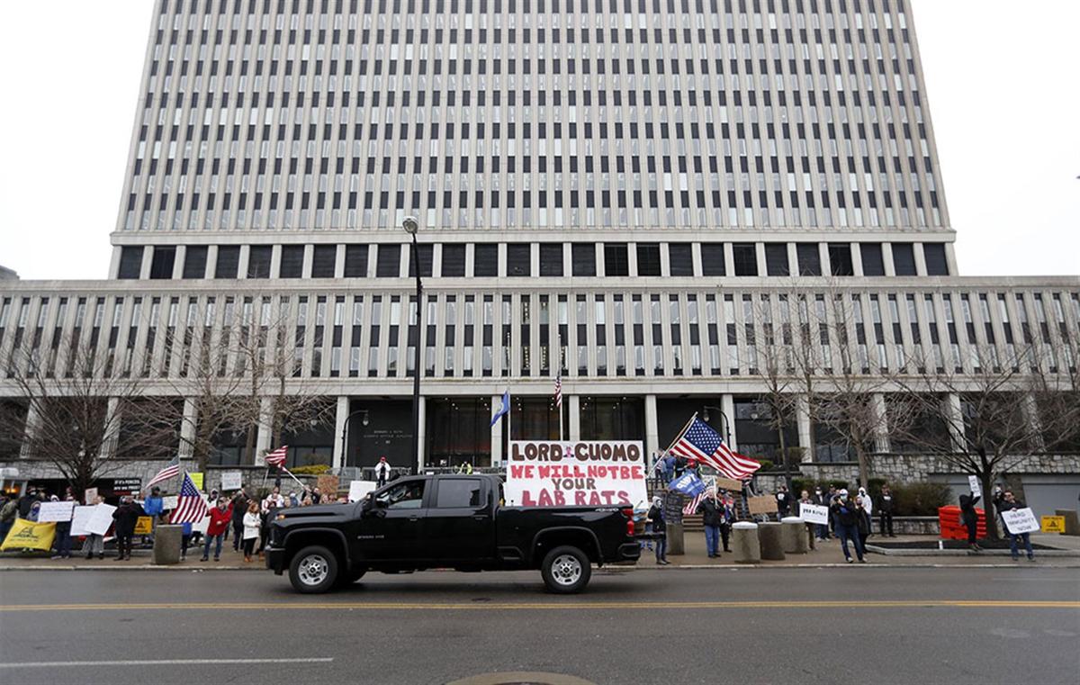 Protesters calling for New York to reopen gather at Rath Building