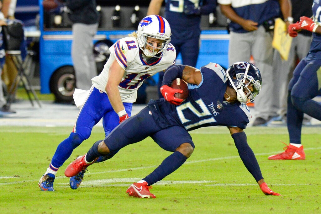 Josh Allen drops a finger roll to celebrate his 10-yard touchdown run