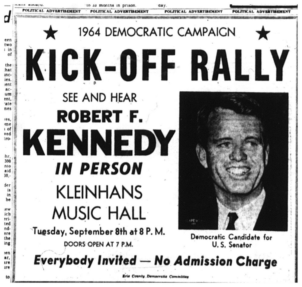 Sept. 1, 1964 Robert Kennedy to run for Senate; first stop Buffalo