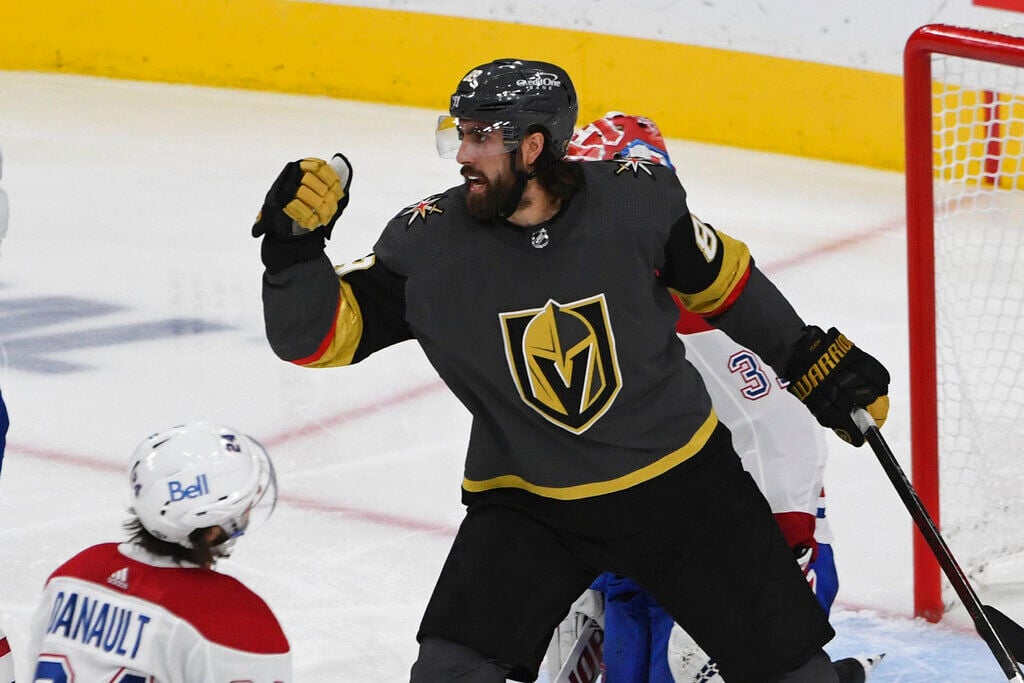 Buffalo Sabres right wing Alex Tuch celebrates a goal against the Vegas  Golden Knights during t …