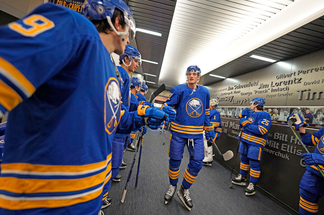 Closeups of the Sabres' new, cleaner, royal blue look for 2020-21