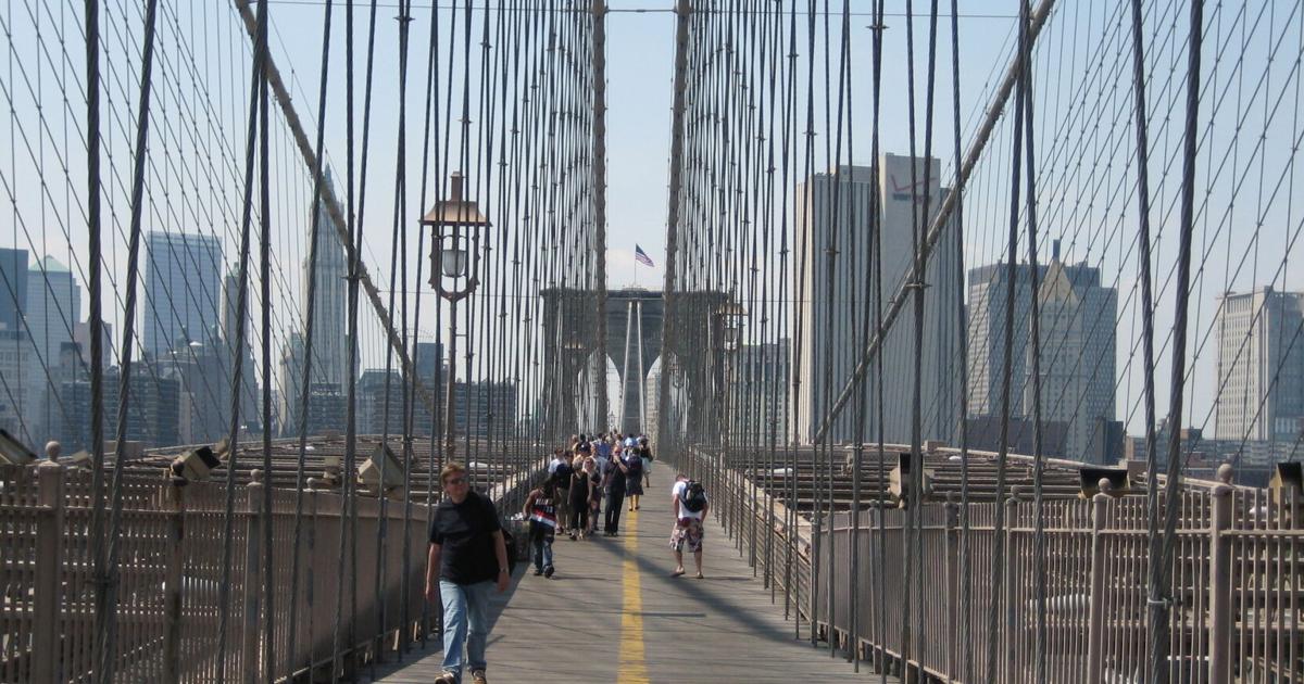 Walking across Brooklyn Bridge.