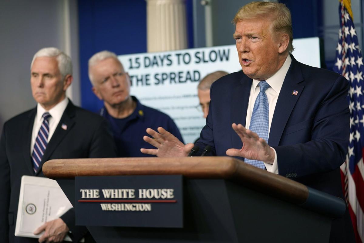 President Donald Trump speaks to reporters in the White House briefing room on Monday, March 16, 2020. (Doug Mills/The New York Times)