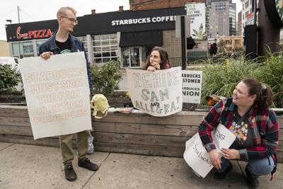 Starbucks Workers United members protest at Delaware and Chippewa