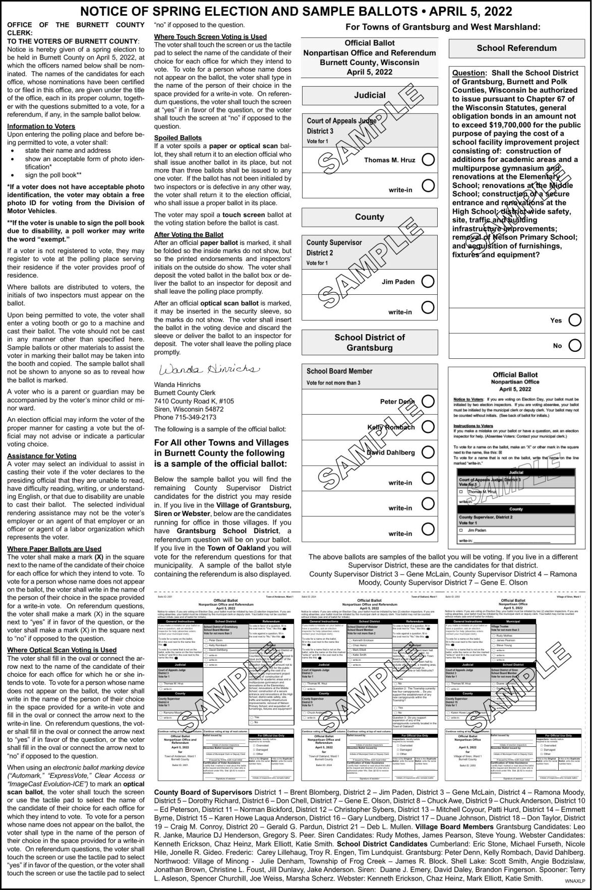 NOTICE OF SPRING ELECTION AND SAMPLE BALLOTS • APRIL 5, 2022 Public Notices