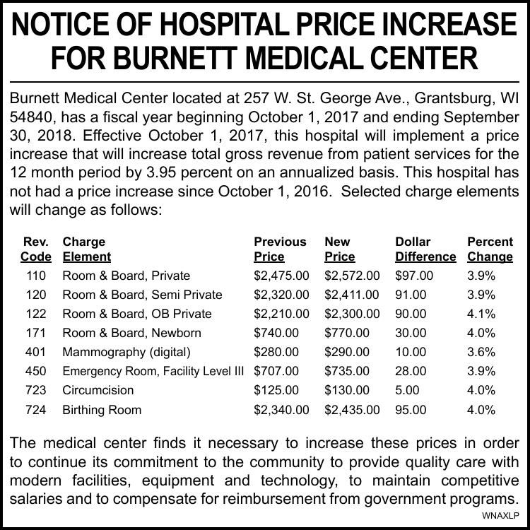 NOTICE OF HOSPITAL PRICE INCREASE Public Notices