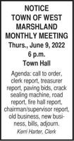 NOTICE TOWN OF WEST MARSHLAND MONTHLY MEETING Thurs., June 9, 2022