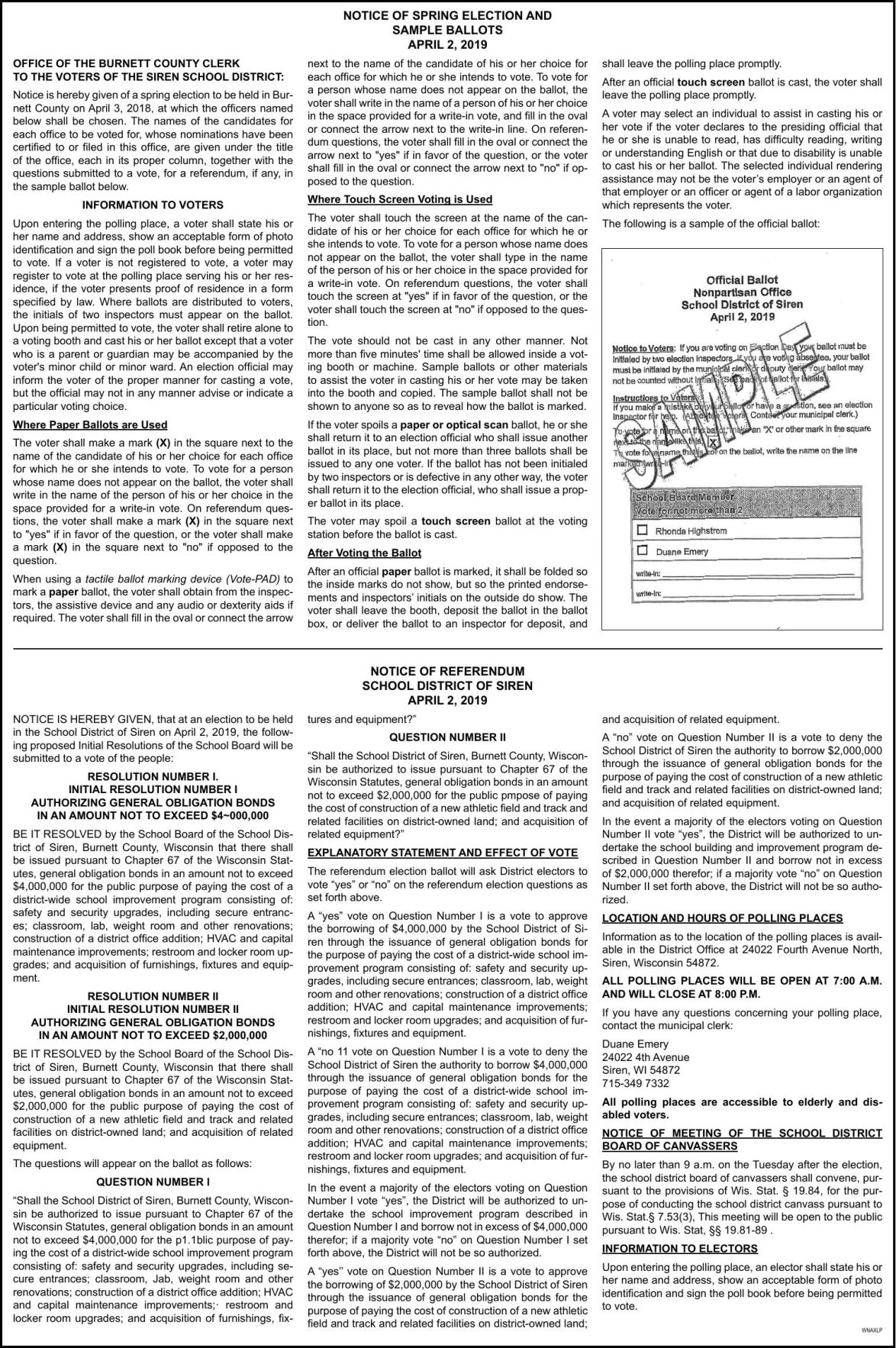 NOTICE OF SPRING ELECTION & SAMPLE BALLOTS APRIL 2, 2019 
