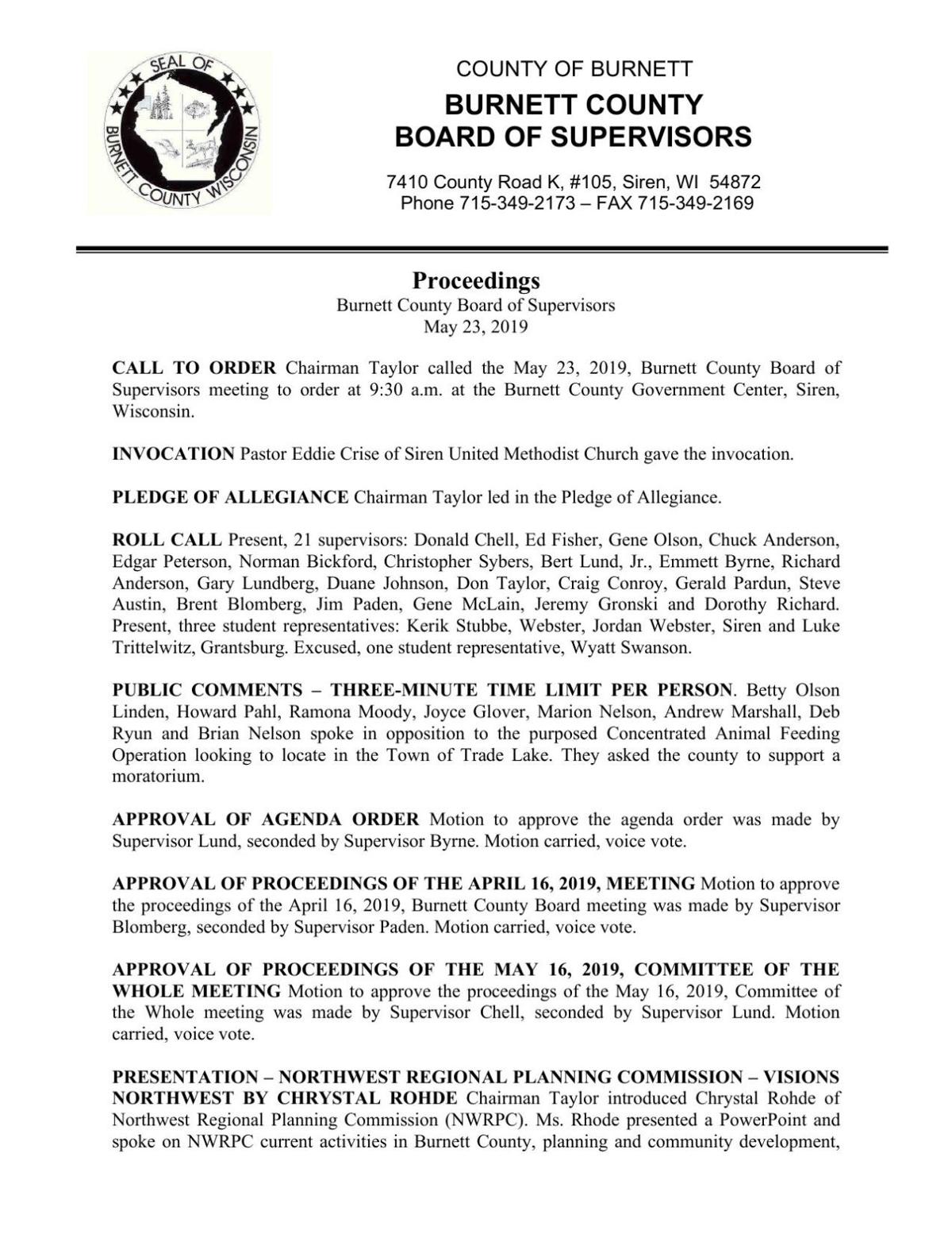 Proceedings Burnett County Board Of Supervisors May 23 2019