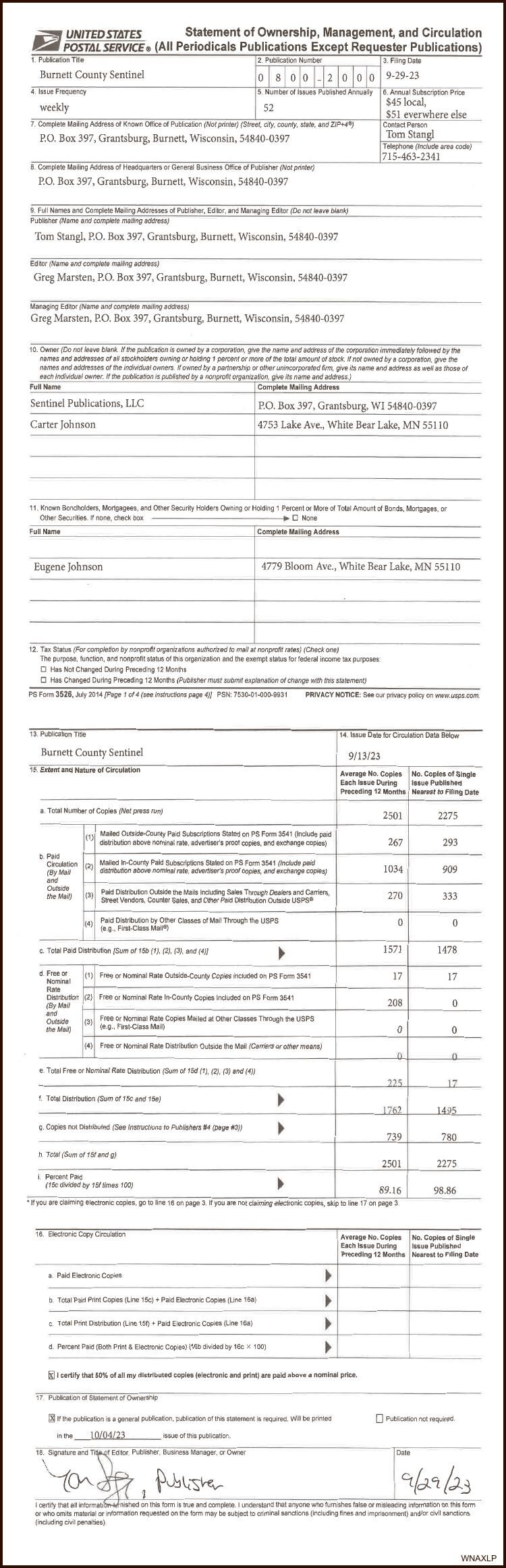 Statement of Ownership County Sentinel Public Notices