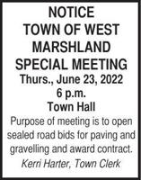NOTICE TOWN OF WEST MARSHLAND SPECIAL MEETING