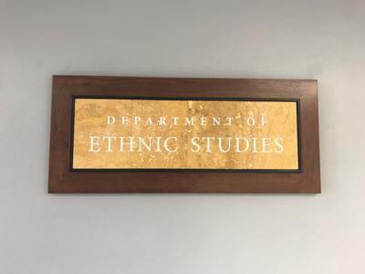 Sign in Barrows Hall at UC Berkeley noting the location of the Department of Ethnic Studies