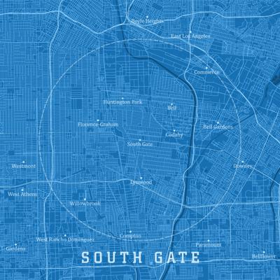 South Gate CA City Vector Road Map Blue Text