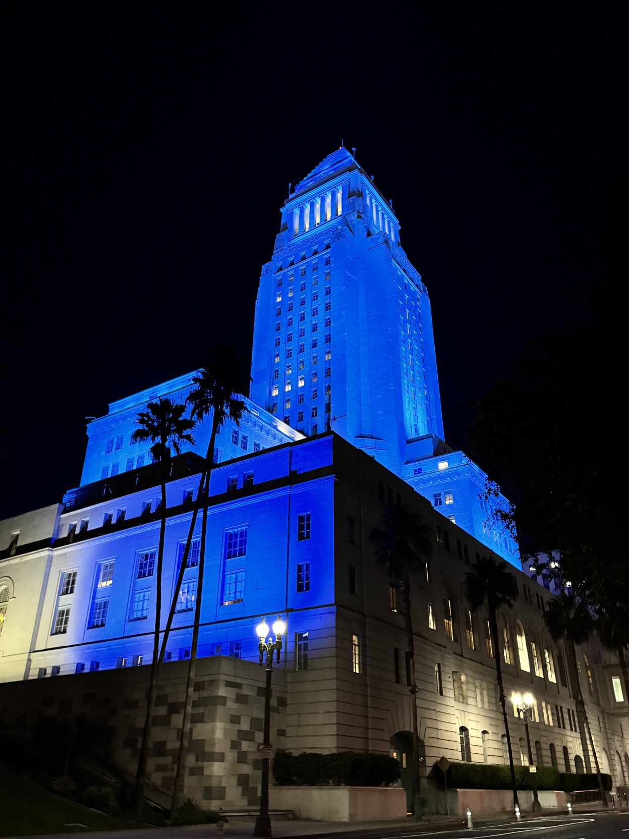 City Hall illuminated in Dodger blue