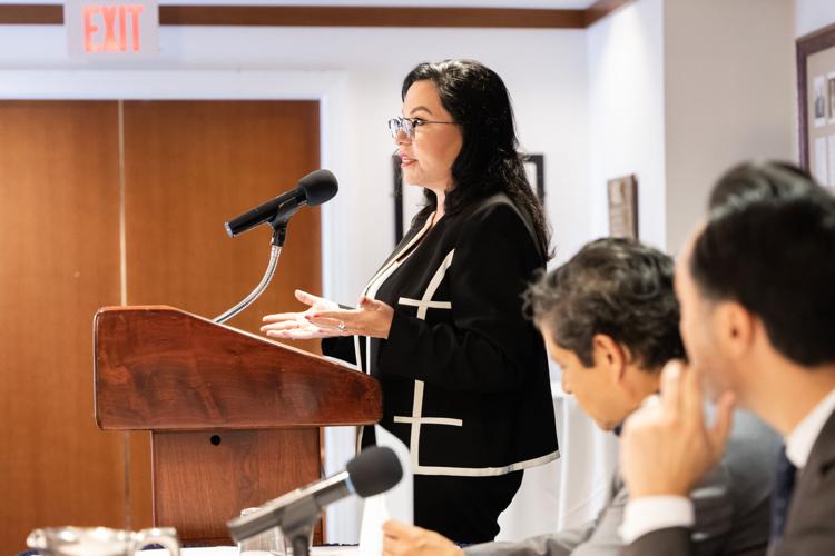 Brenda Victoria Castilla, President & CEO of NHMC, speaking at the LRGC press conference. Photo courtesy of NHMC.jpg (Spanish copy)