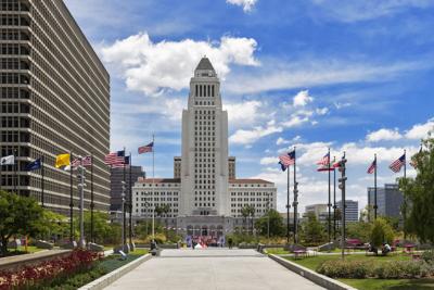 USA, California, Los Angeles, Grand Park and Los Angeles City Hall
