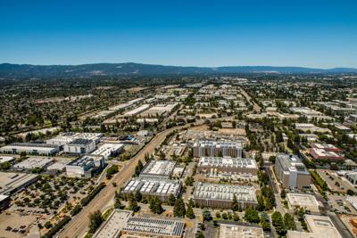 Capital & Main - Aerial of concentration of data Centers in Santa Clara CA serving the tech industry in Silicon Valley.