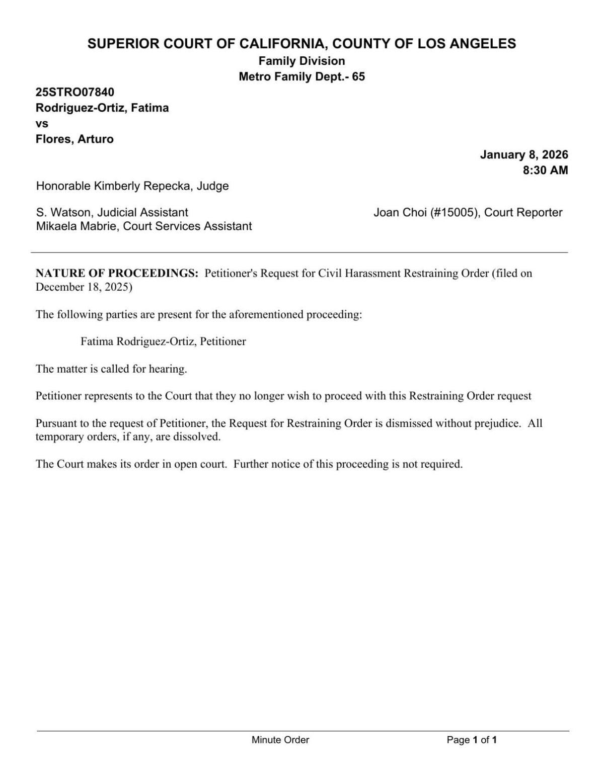 Request for restraining order dismissed