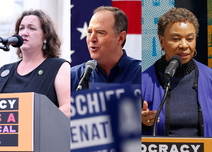 los representantes Katie Porter, Adam Schiff y Barbara Lee.