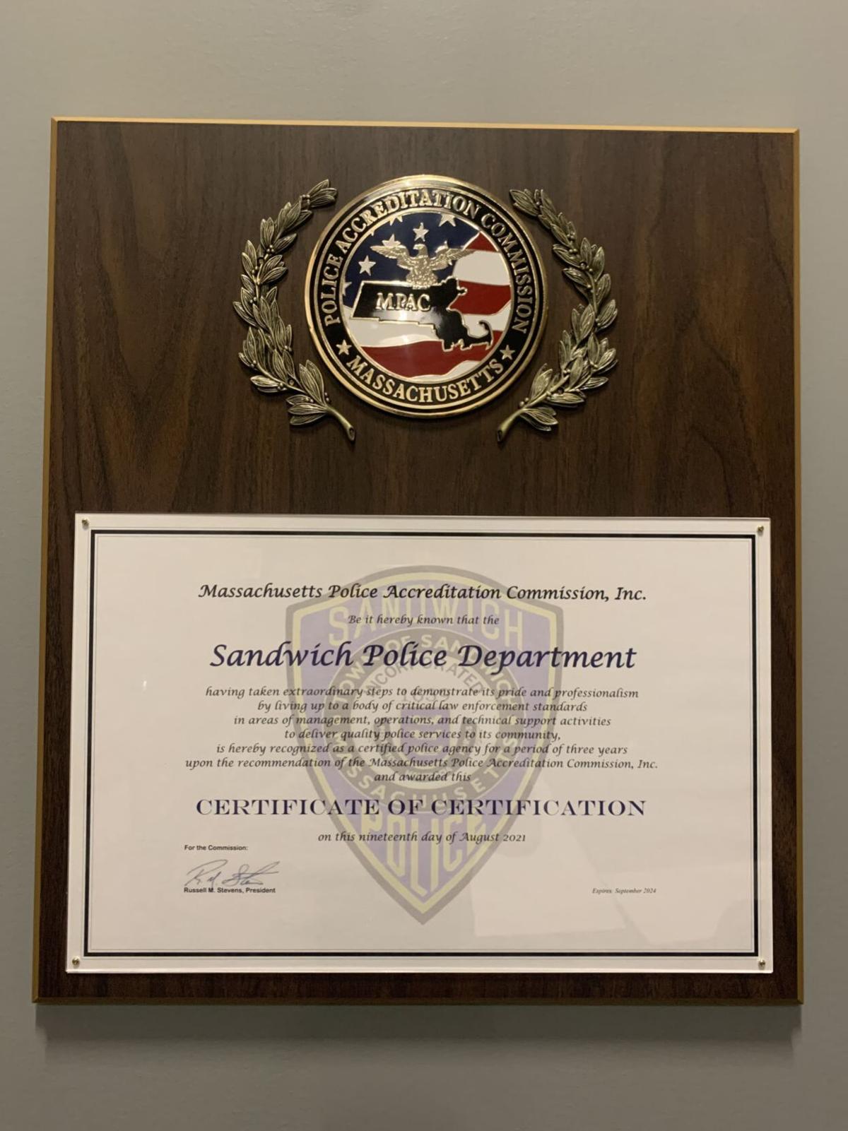 Sandwich Police Department Receives State Certification Accreditation Expected Next Year Sandwich News Capenews Net