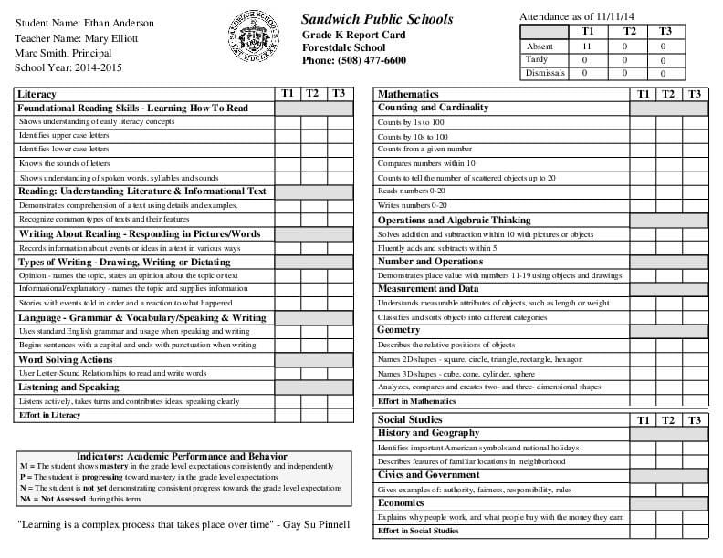 Kindergarten Report Card Template