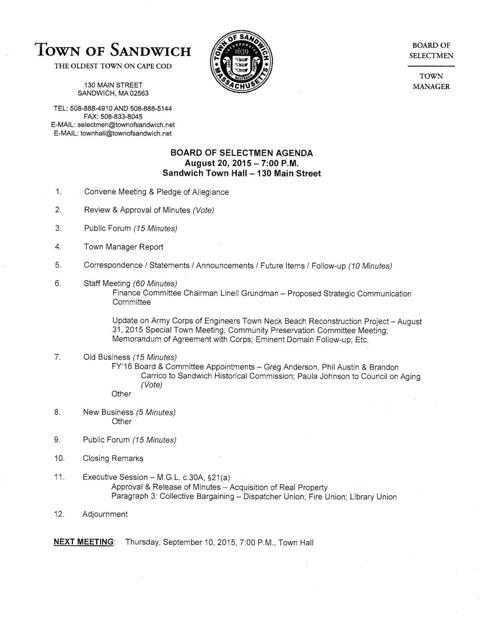 Sandwich Selectmen S Agenda August 20 2015 Sandwich Details
