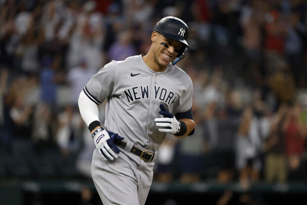 Aaron Judge smiled rounding the bases and did a dugout 'interview