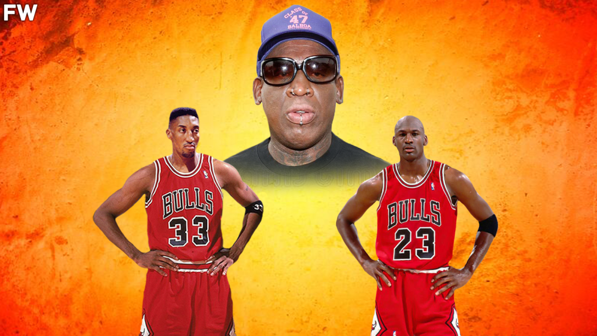 Michael Jordan and Dennis Rodman of the Chicago Bulls look on